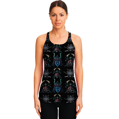 Ghost Samurai Mask Pattern Print Women's Racerback Tank Top