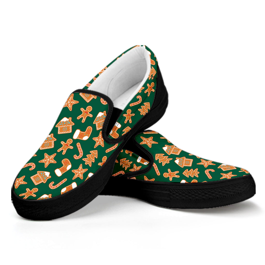 Gingerbread Cookies Pattern Print Black Slip On Shoes