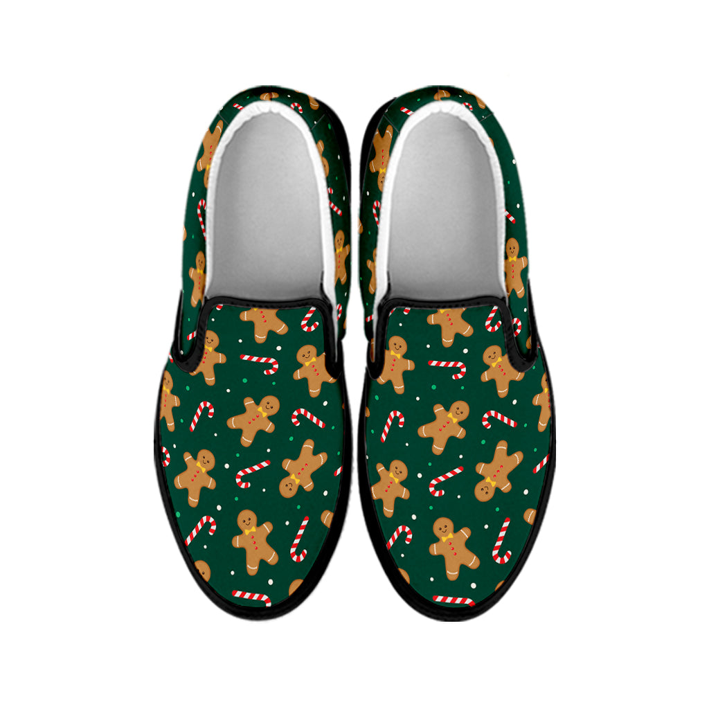 Gingerbread Man Cookies Pattern Print Black Slip On Shoes