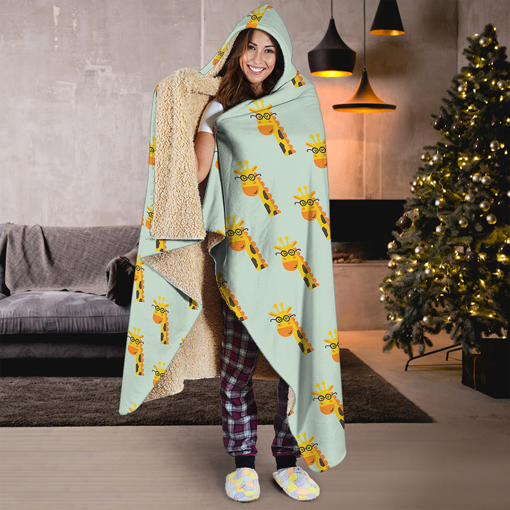 Giraffe With Glasses Pattern Print Hooded Blanket