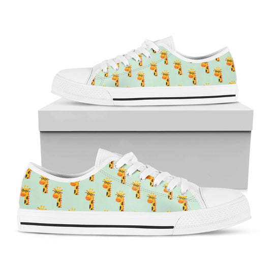 Giraffe With Glasses Pattern Print White Low Top Shoes