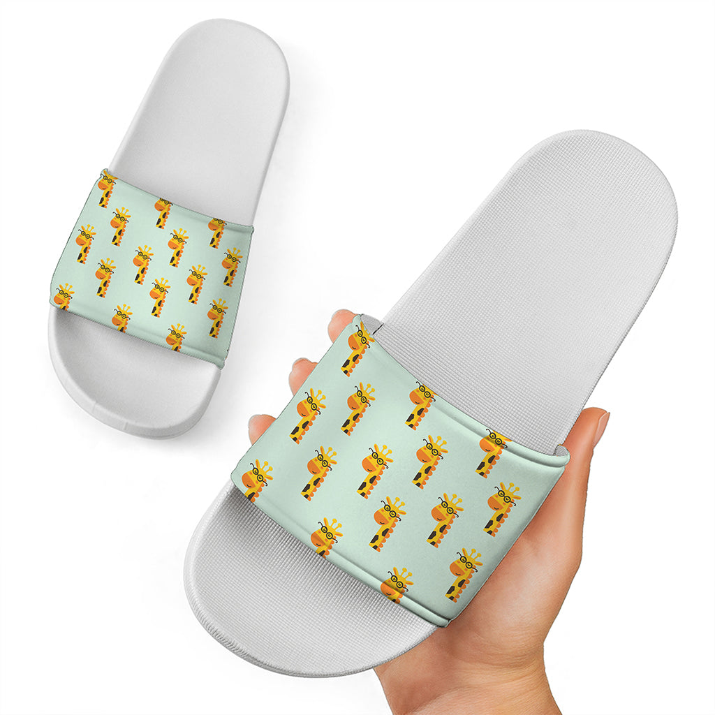 Giraffe With Glasses Pattern Print White Slide Sandals