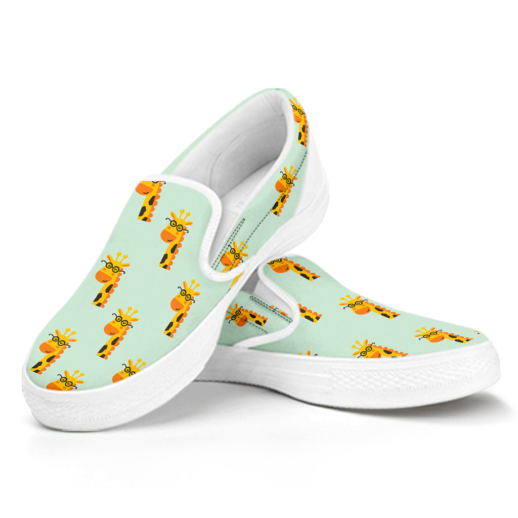 Giraffe With Glasses Pattern Print White Slip On Shoes