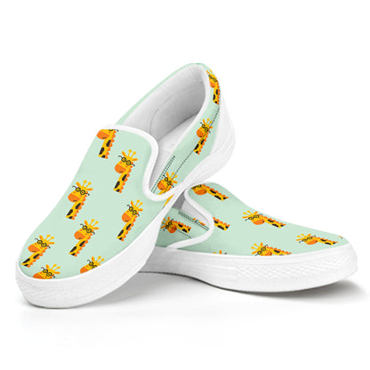 Giraffe With Glasses Pattern Print White Slip On Shoes