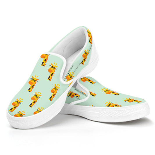 Giraffe With Glasses Pattern Print White Slip On Shoes