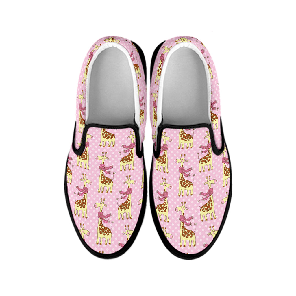Giraffe With Scarf Pattern Print Black Slip On Shoes