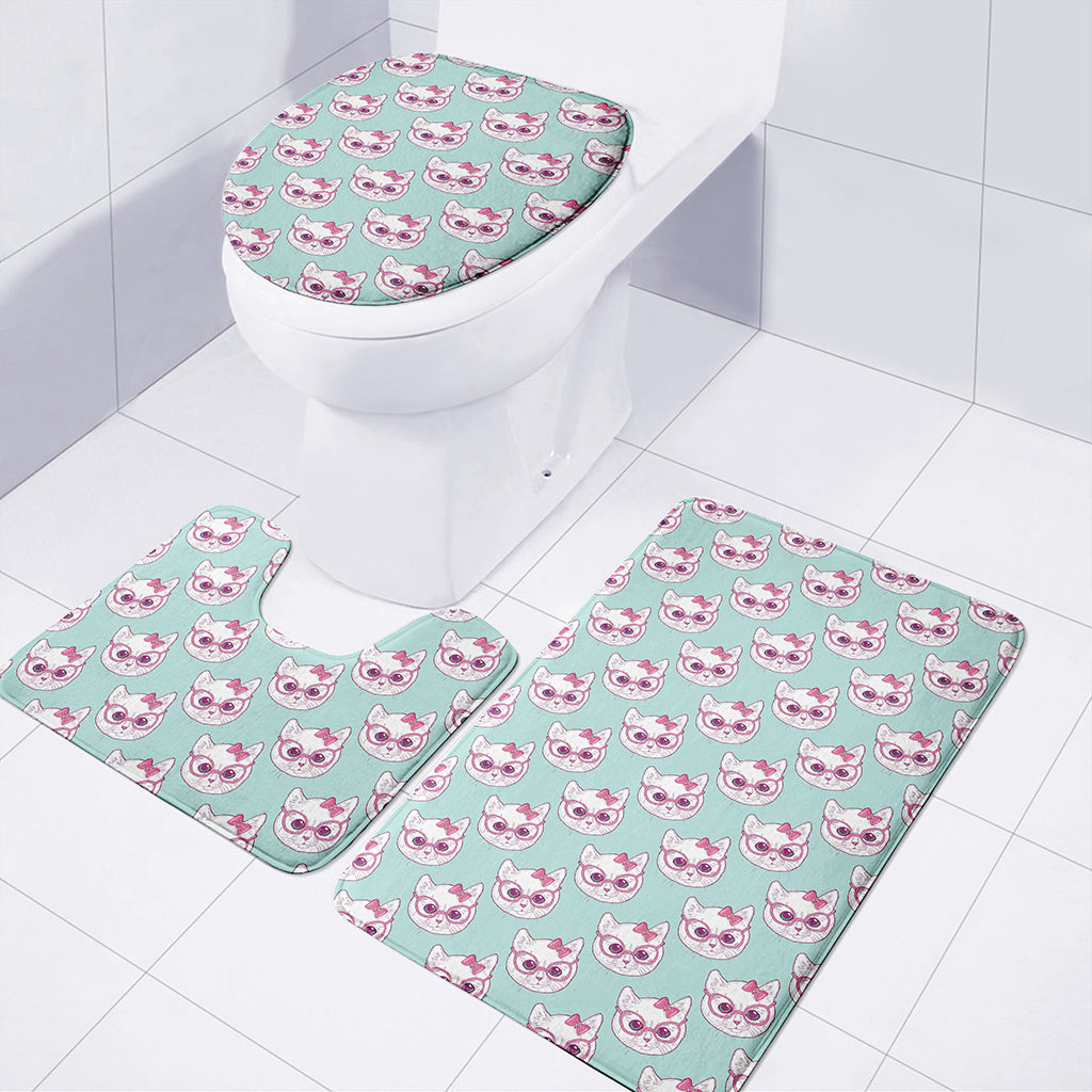 Girly Cat With Glasses Pattern Print 3 Piece Bath Mat Set