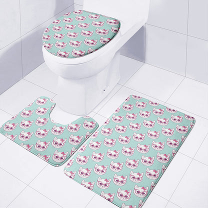Girly Cat With Glasses Pattern Print 3 Piece Bath Mat Set
