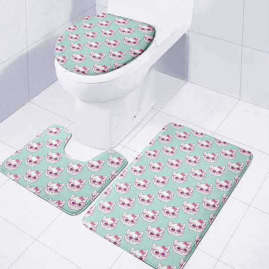 Girly Cat With Glasses Pattern Print 3 Piece Bath Mat Set