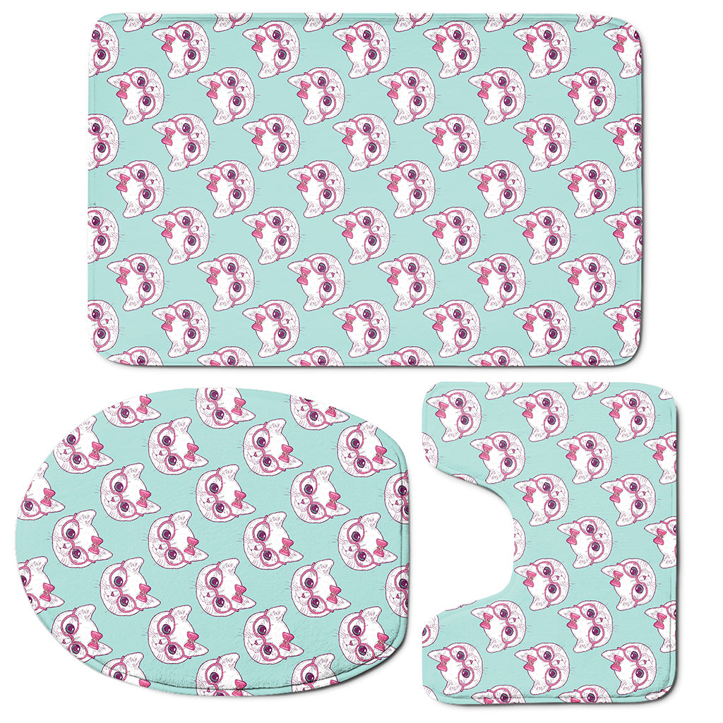 Girly Cat With Glasses Pattern Print 3 Piece Bath Mat Set