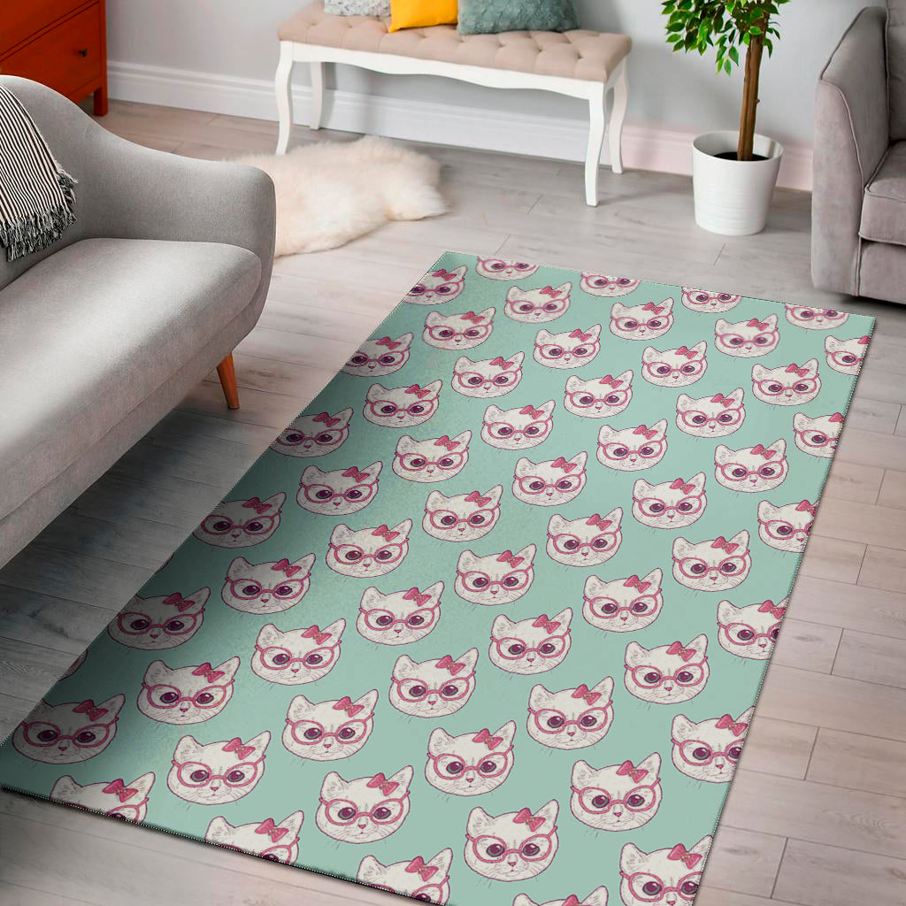 Girly Cat With Glasses Pattern Print Area Rug