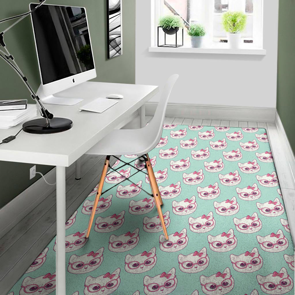 Girly Cat With Glasses Pattern Print Area Rug