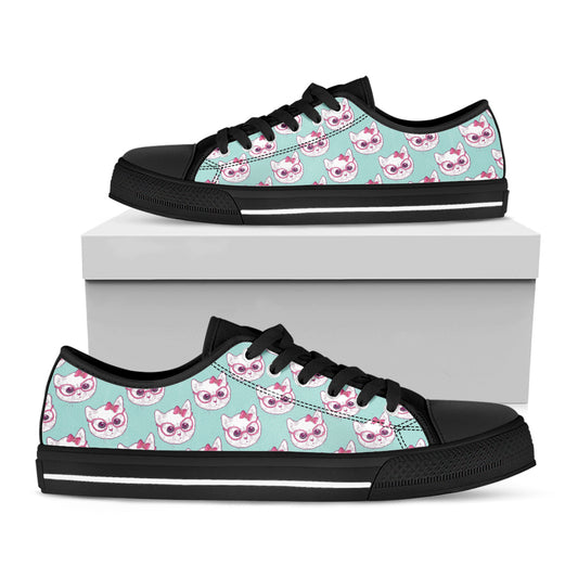 Girly Cat With Glasses Pattern Print Black Low Top Shoes