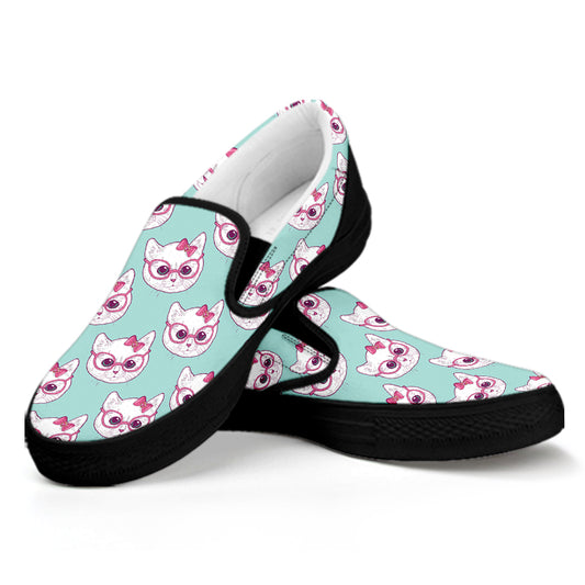 Girly Cat With Glasses Pattern Print Black Slip On Shoes