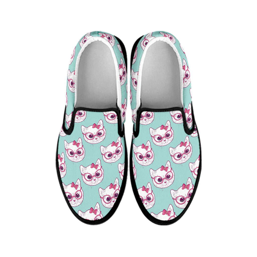 Girly Cat With Glasses Pattern Print Black Slip On Shoes