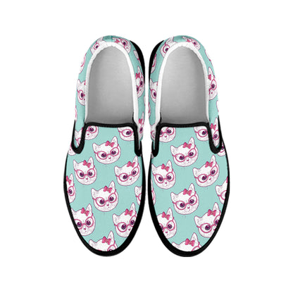 Girly Cat With Glasses Pattern Print Black Slip On Shoes
