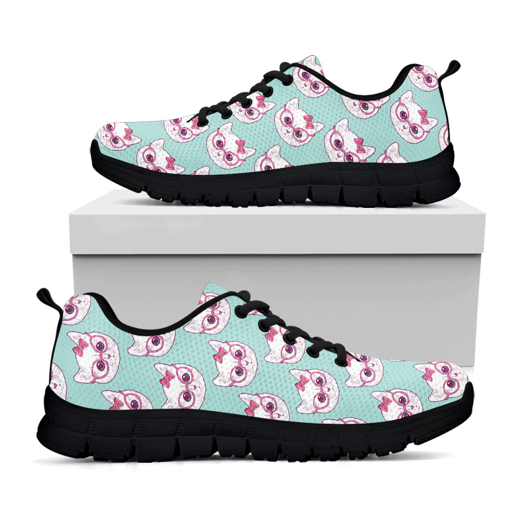 Girly Cat With Glasses Pattern Print Black Sneakers