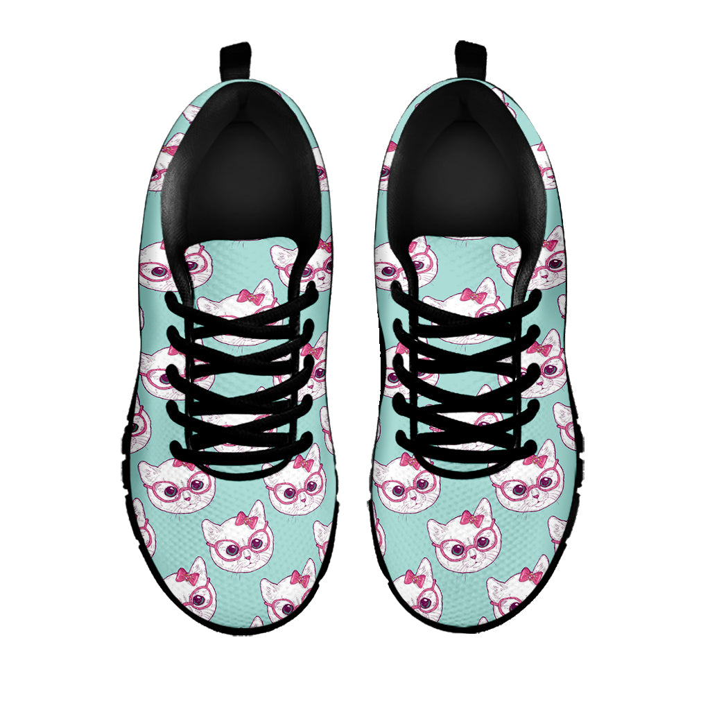 Girly Cat With Glasses Pattern Print Black Sneakers