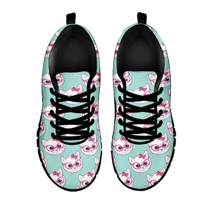 Girly Cat With Glasses Pattern Print Black Sneakers