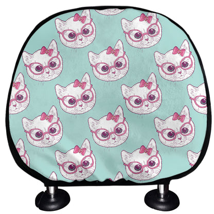 Girly Cat With Glasses Pattern Print Car Headrest Covers