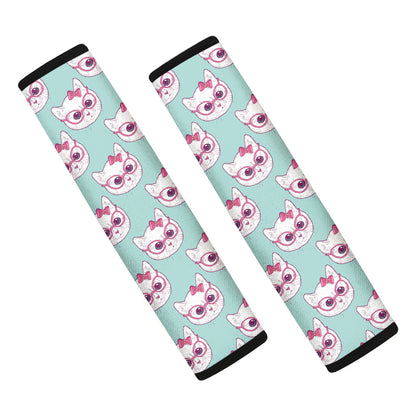 Girly Cat With Glasses Pattern Print Car Seat Belt Covers