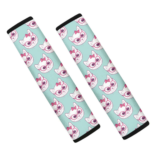 Girly Cat With Glasses Pattern Print Car Seat Belt Covers