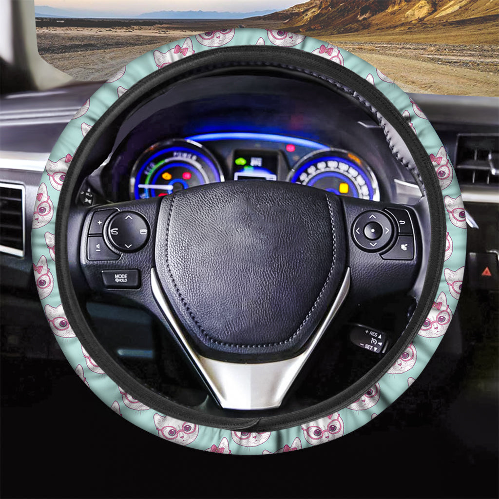 Girly Cat With Glasses Pattern Print Car Steering Wheel Cover