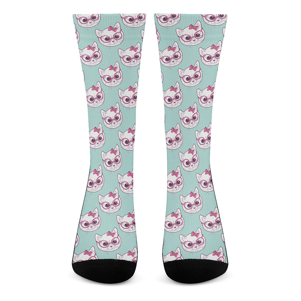 Girly Cat With Glasses Pattern Print Crew Socks