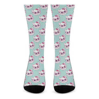 Girly Cat With Glasses Pattern Print Crew Socks