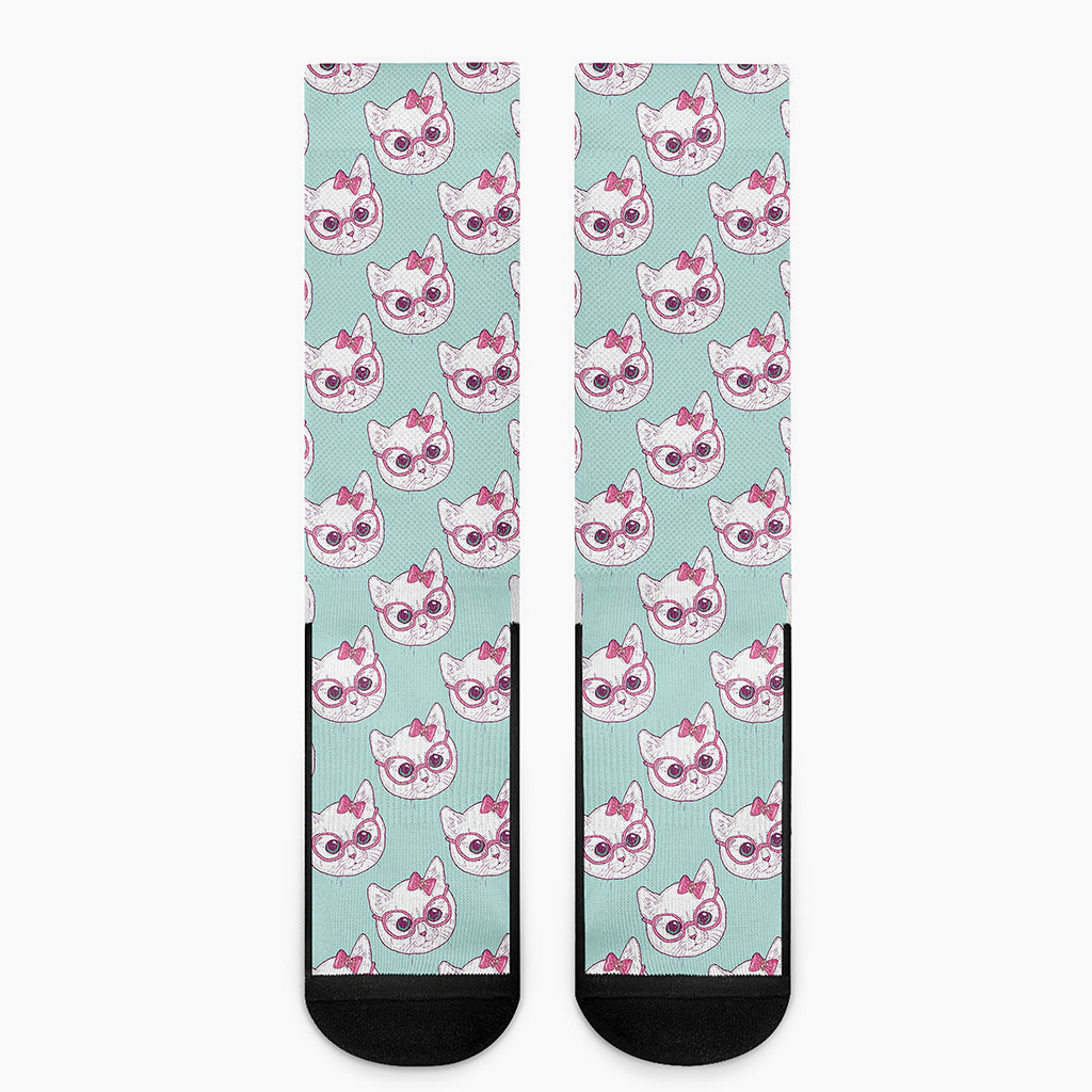 Girly Cat With Glasses Pattern Print Crew Socks