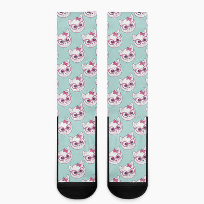 Girly Cat With Glasses Pattern Print Crew Socks