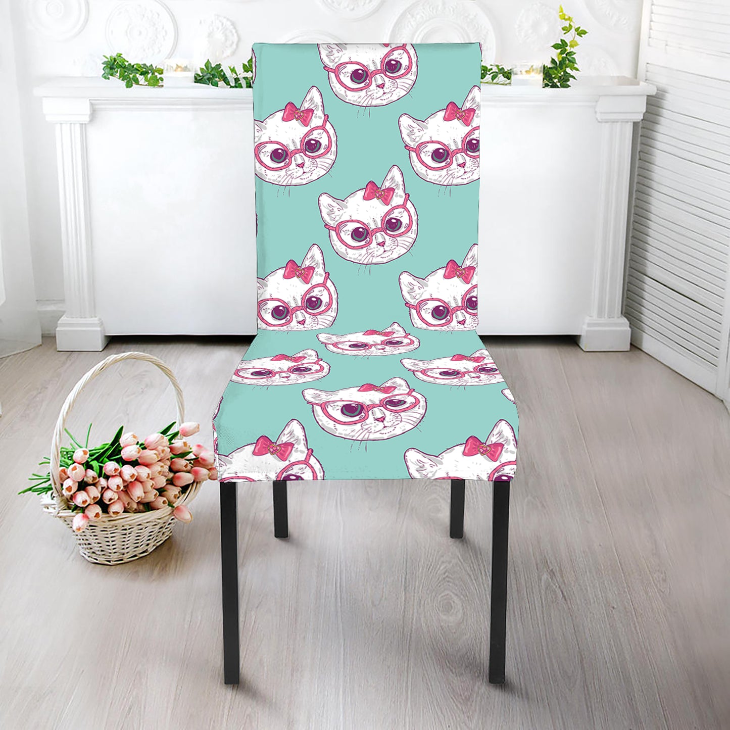 Girly Cat With Glasses Pattern Print Dining Chair Slipcover