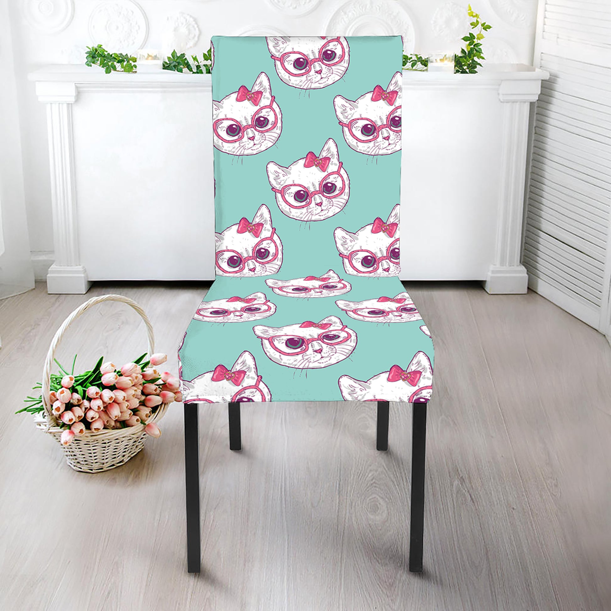 Girly Cat With Glasses Pattern Print Dining Chair Slipcover
