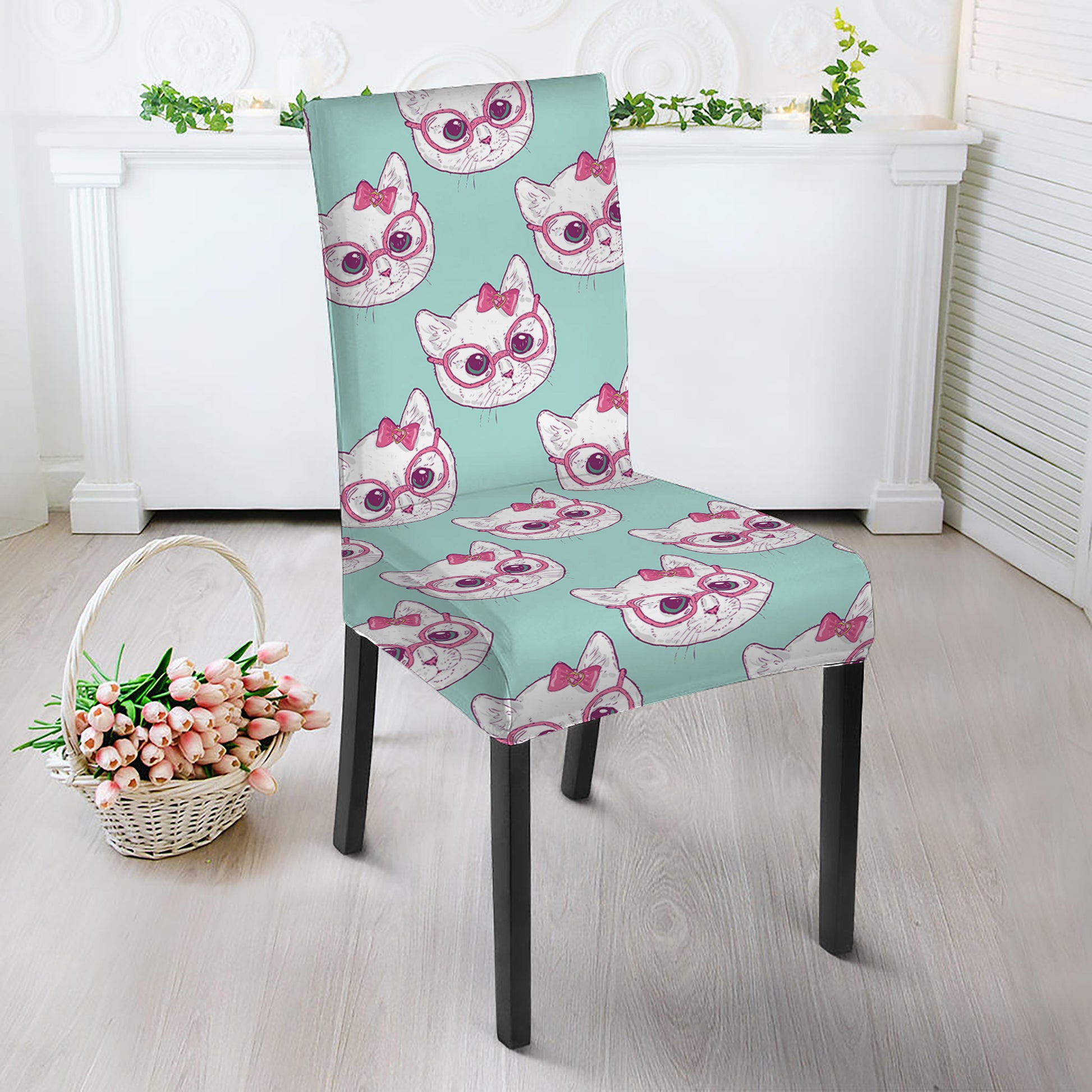 Girly Cat With Glasses Pattern Print Dining Chair Slipcover