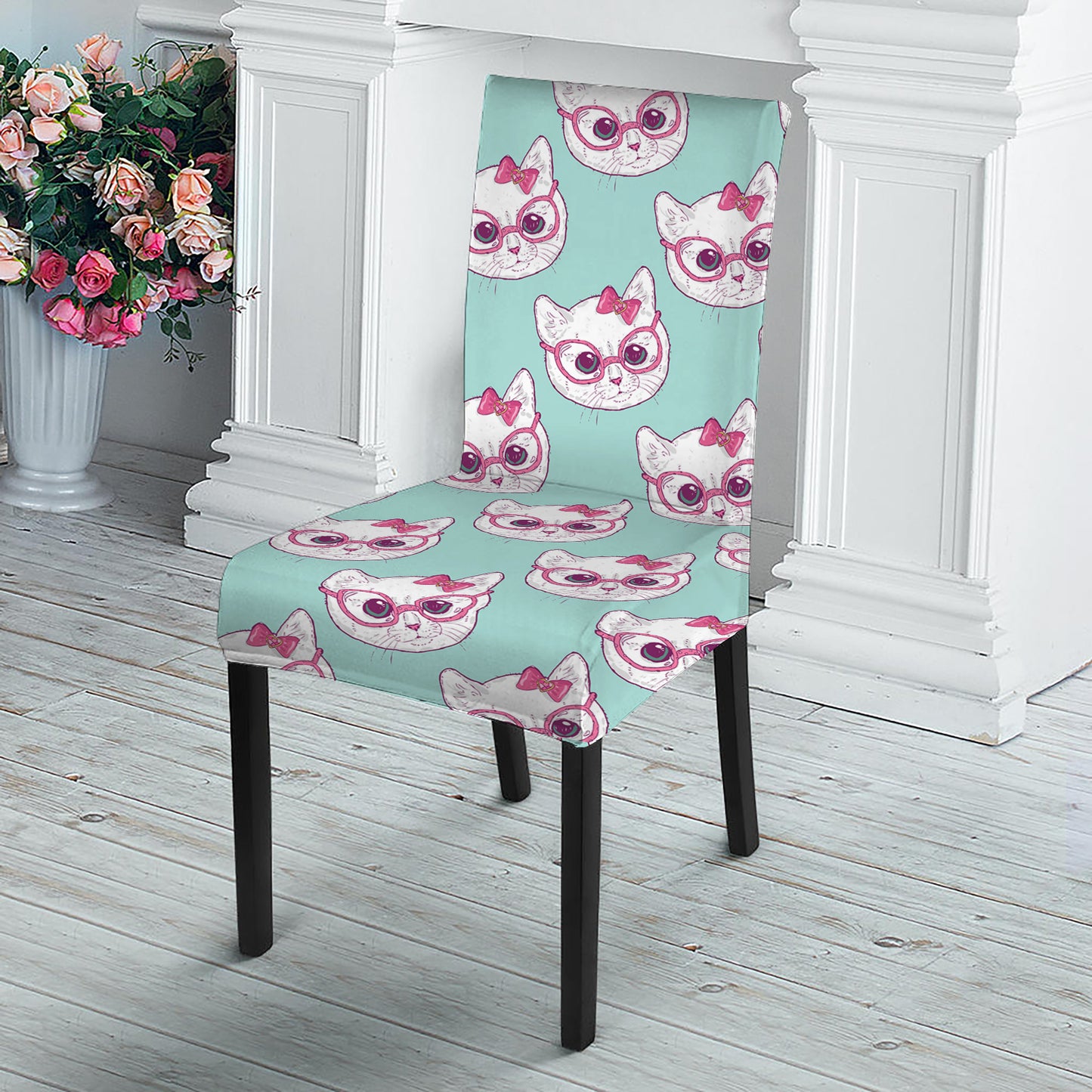 Girly Cat With Glasses Pattern Print Dining Chair Slipcover