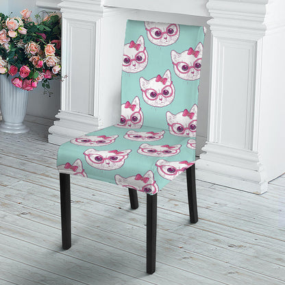 Girly Cat With Glasses Pattern Print Dining Chair Slipcover