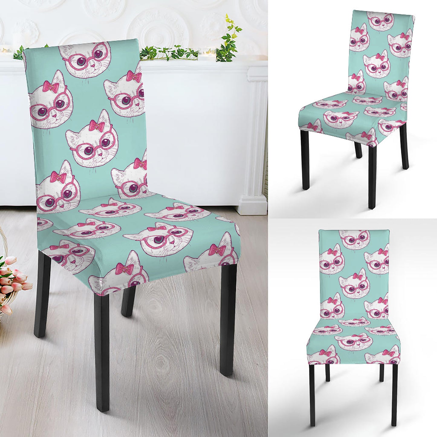 Girly Cat With Glasses Pattern Print Dining Chair Slipcover