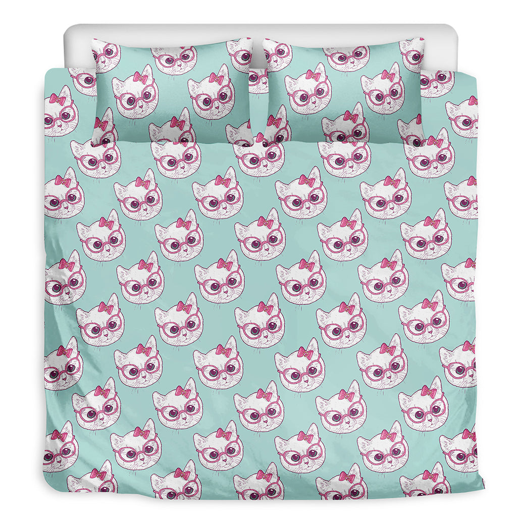 Girly Cat With Glasses Pattern Print Duvet Cover Bedding Set