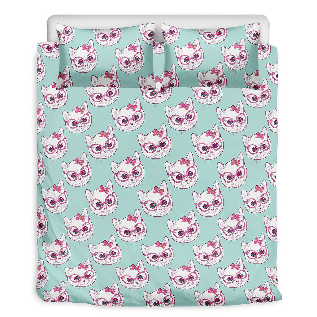Girly Cat With Glasses Pattern Print Duvet Cover Bedding Set