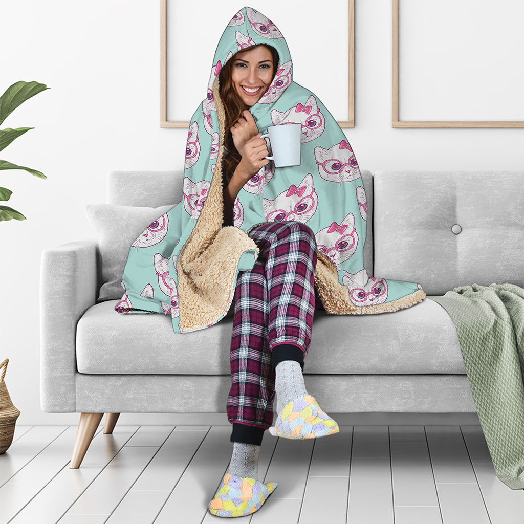 Girly Cat With Glasses Pattern Print Hooded Blanket