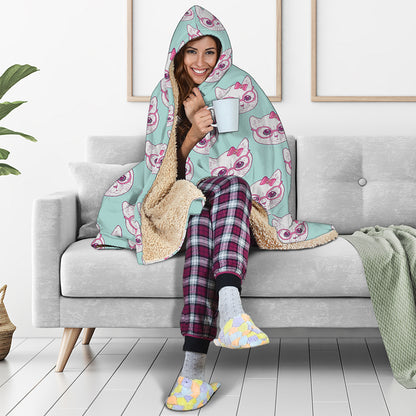Girly Cat With Glasses Pattern Print Hooded Blanket