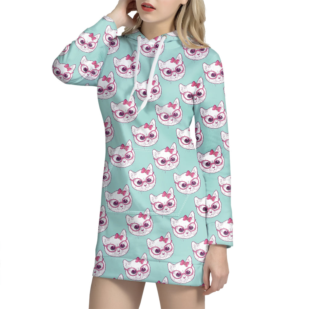 Girly Cat With Glasses Pattern Print Hoodie Dress