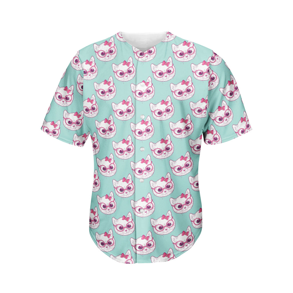 Girly Cat With Glasses Pattern Print Men's Baseball Jersey