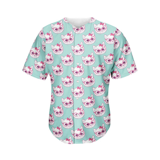 Girly Cat With Glasses Pattern Print Men's Baseball Jersey