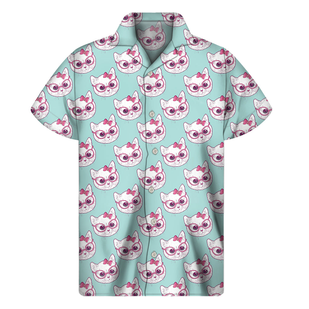 Girly Cat With Glasses Pattern Print Men's Short Sleeve Shirt