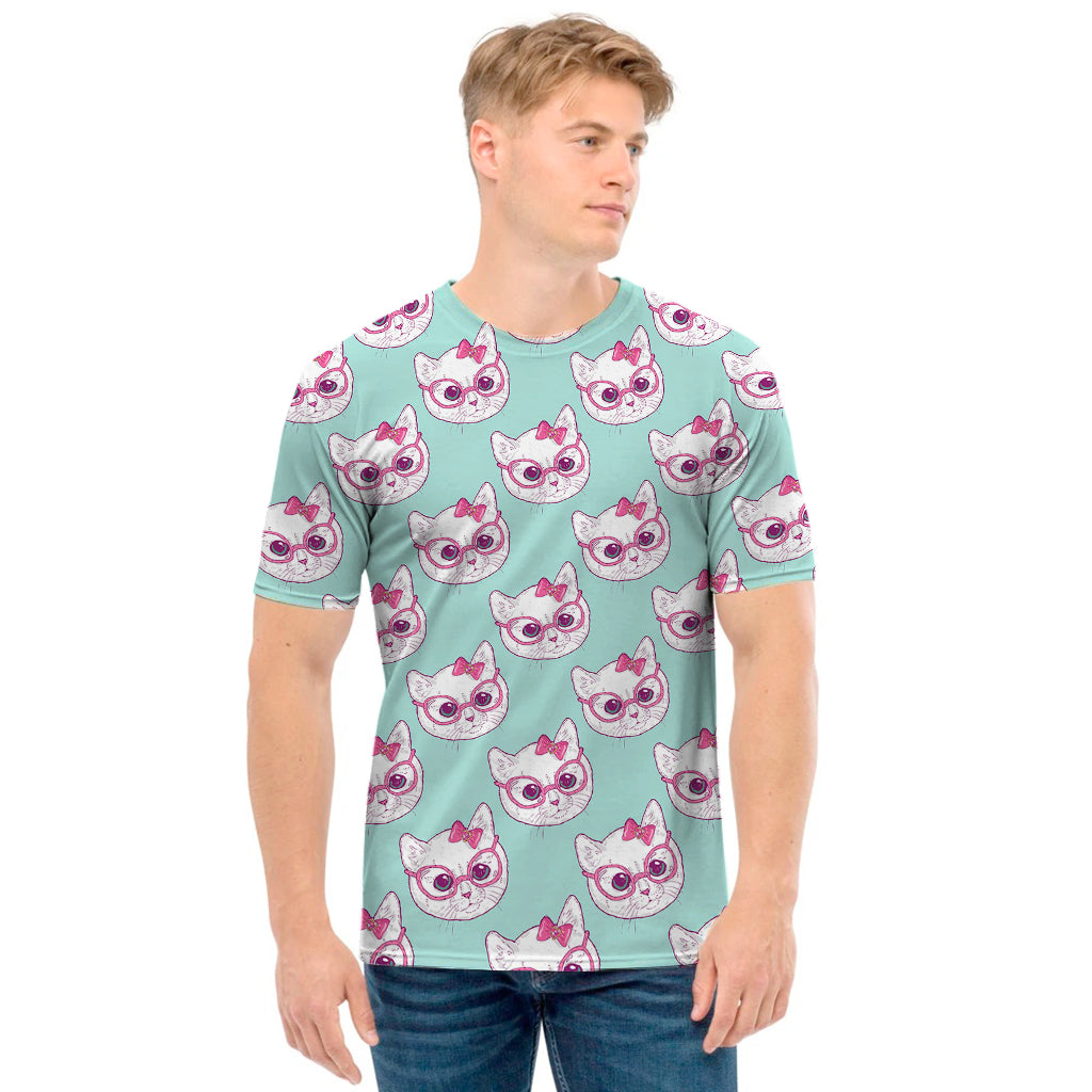 Girly Cat With Glasses Pattern Print Men's T-Shirt