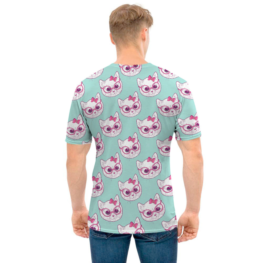 Girly Cat With Glasses Pattern Print Men's T-Shirt