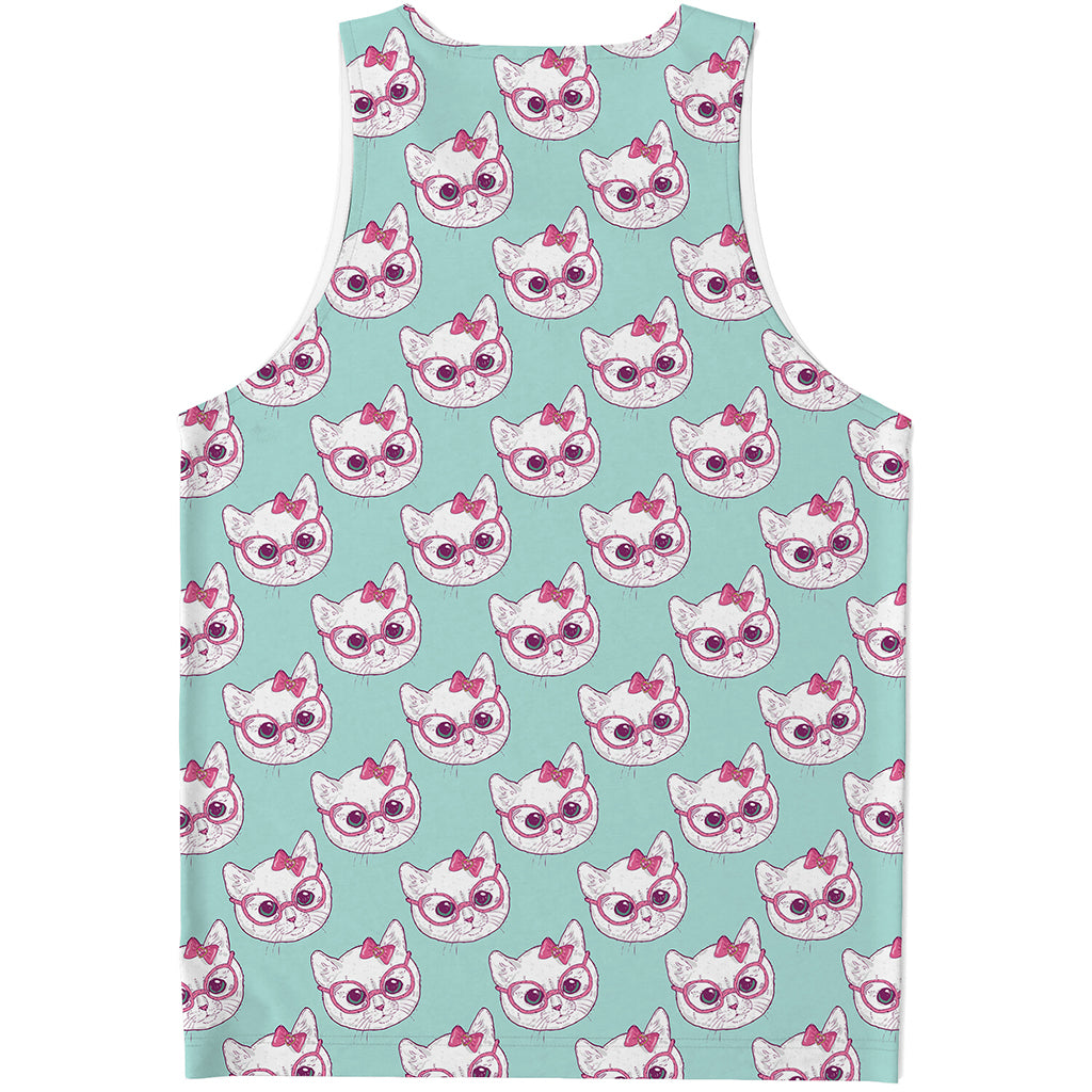 Girly Cat With Glasses Pattern Print Men's Tank Top