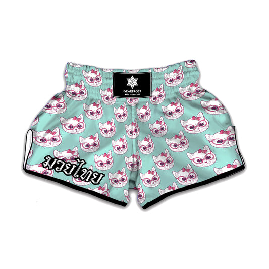 Girly Cat With Glasses Pattern Print Muay Thai Boxing Shorts