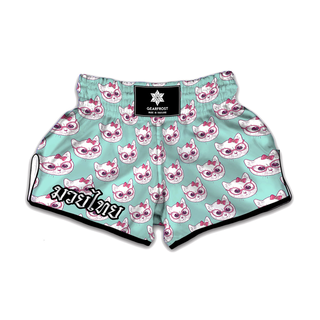 Girly Cat With Glasses Pattern Print Muay Thai Boxing Shorts